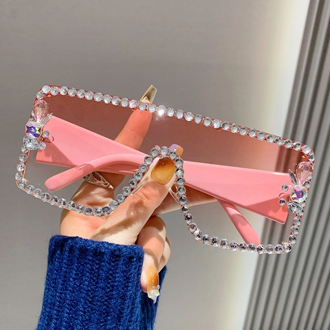 Oversized Square Sunglasses Rhinestone Metal Plastic Frame UV400 Fashion Y2K Party Gradient Lens Women Eyewear