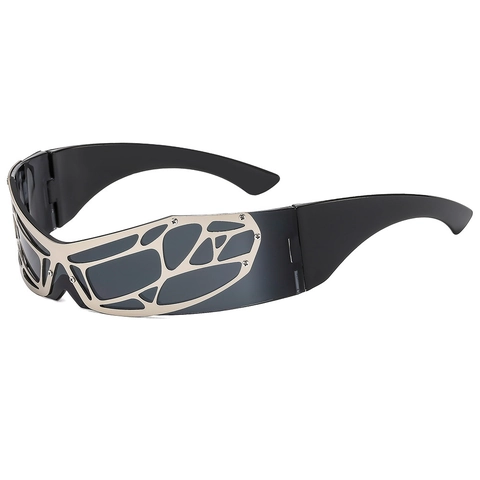 Futuristische Cyberpunk Sonnenbrille Metallgitter Wrap Around Shield Brille UV400 Schutz Party Rave Y2K Stil Unisex