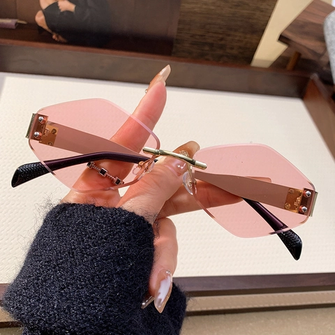 Fashion Rimless Geometric Sunglasses For Women Diamond Cut Edge PC Lens Metal Frame UV400 Protection Vintage Chic Sun Glasses