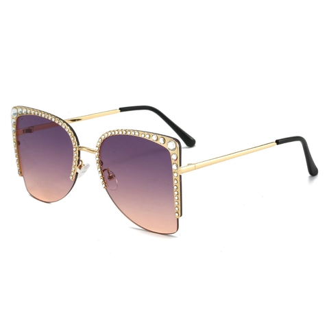Lunettes De Soleil Papillon Surdimensionnées Femmes Métal Demi Monture Bordure Strass Dégradé UV400 Mode