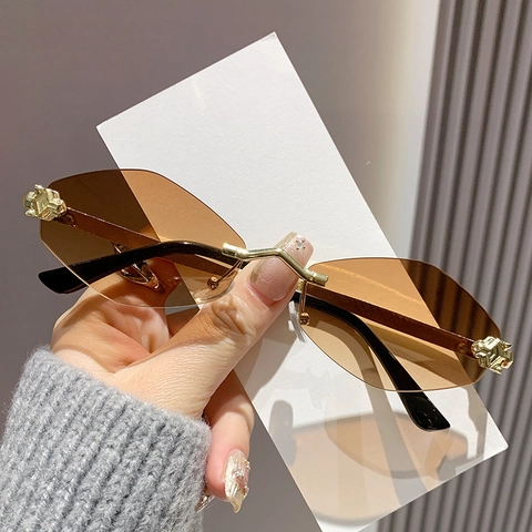 Fashion Rimless Geometric Sunglasses Metal Leopard Head Decor Cut Edge UV400 Sun Protection Eyewear For Women