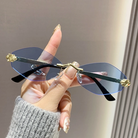 Fashion Rimless Geometric Sunglasses Metal Leopard Head Decor Cut Edge UV400 Sun Protection Eyewear For Women