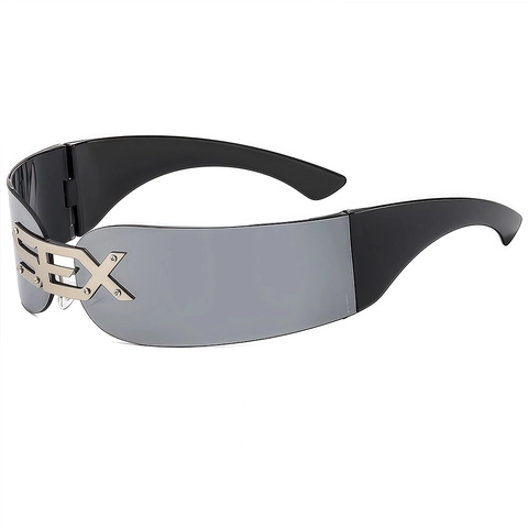 Eendelige Randloze Zonnebril UV400 Punk Oversized Shield Brillen Met Metalen Letter Decoratie Voor Heren Dames