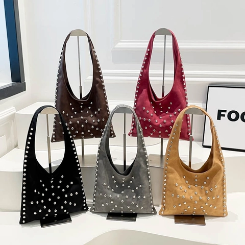 Sac Bandoulière Décontracté en Cuir PU pour Femme avec Rivets Mode Couleur Unie Sac Cabas Hobo Sac à Main Quotidien