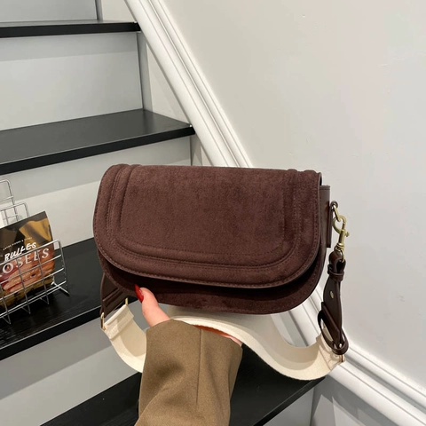 Retro Saddle Crossbody Bag Women PU Leather Suede Contrast Flap Interchangeable Straps Minimalist Shoulder Handbag Daily