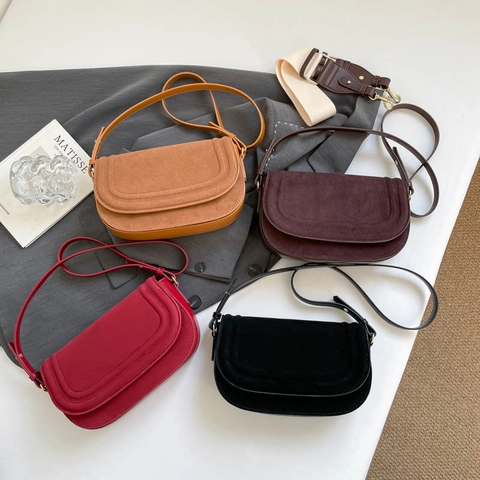 Retro Saddle Crossbody Bag Women PU Leather Suede Contrast Flap Interchangeable Straps Minimalist Shoulder Handbag Daily