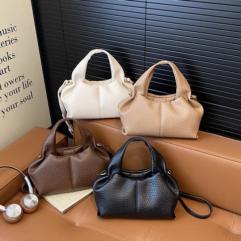 Women Fashion Lychee Pattern PU Leather Pleated Dumpling Handbag Retro Cloud Bag Adjustable Strap Daily Accessory