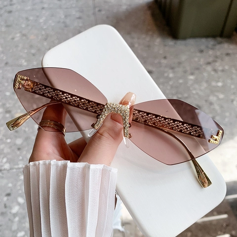 Rimless Geometric Sunglasses Women Rhinestone Hollow Metal Temples Gradient Lens Fashion Outdoor UV400 Eyewear