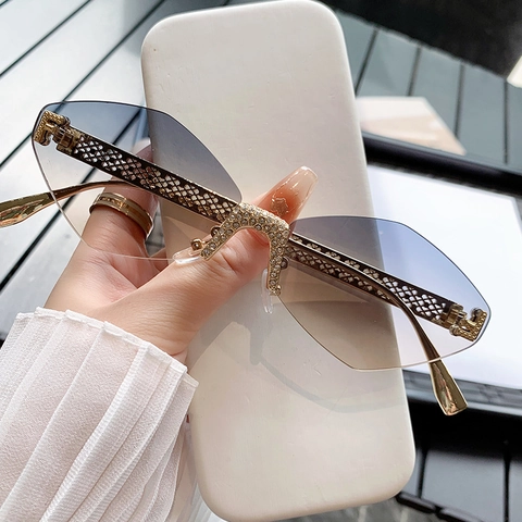 Rimless Geometric Sunglasses Women Rhinestone Hollow Metal Temples Gradient Lens Fashion Outdoor UV400 Eyewear