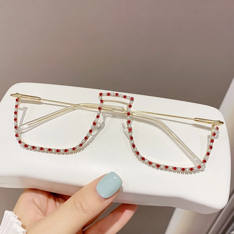 Fashion Decorative Glasses Frame Metal Half Frame With Rhinestones And Artificial Pearls For Women Ins Style Luxury Trendy