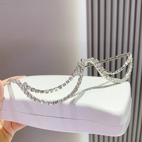 Montatura Per Occhiali Senza Lenti Strass Metallo Mezza Montura Doppia Catena Onda Occhiali Decorativi Da Donna Festa