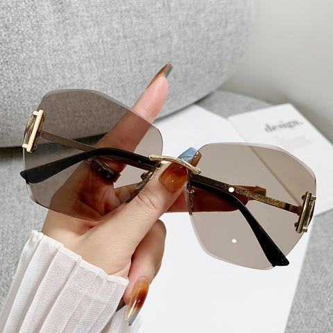 Rimless Sunglasses Oversized Polygon Gradient PC Lens UV400 Metal Frame Cut Edge Hollow Out Fashion Eyewear For Women