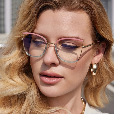 Occhiali Da Vista Cat Eye Anti Luce Blu Montatura In Metallo TR90 Moda Retrò Per Donna