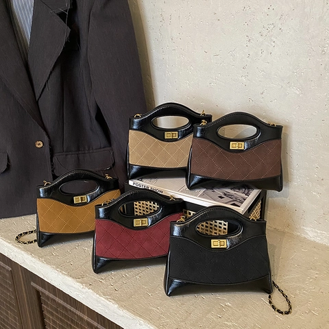 Bolso De Hombro Vintage Para Mujer Cuero PU Patrón Diamante Acolchado Bolso De Mano Bloque Color Cadena Metal Retro