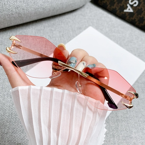 Fashion Rimless Polygon Sunglasses With Metal Devil Claw Decor Gradient PC Lens UV400 Protective Trendy Eyewear