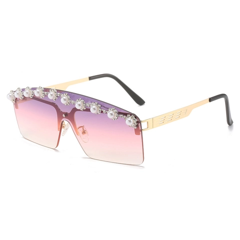Gafas De Sol Sin Montura De Gran Tamaño Con Decoración De Perlas Artificiales Y Diamantes De Imitación Marco De Metal Lentes Degradadas UV400 Moda Mujer