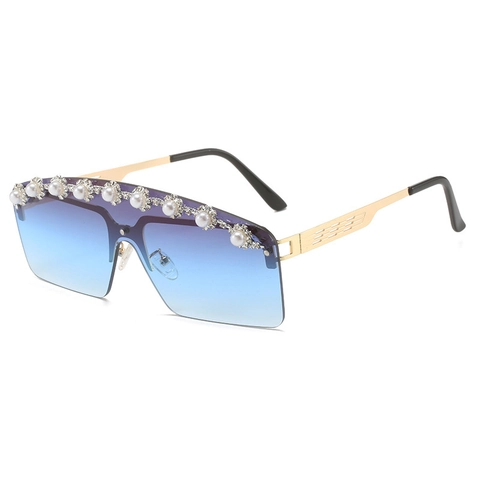 Gafas De Sol Sin Montura De Gran Tamaño Con Decoración De Perlas Artificiales Y Diamantes De Imitación Marco De Metal Lentes Degradadas UV400 Moda Mujer