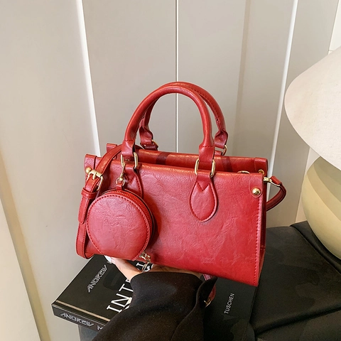 Vintage Women PU Leather Crossbody Bag With Mini Round Coin Purse Solid Color Square Shoulder Bag Gold Hardware Handbag