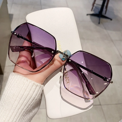 Gafas De Sol Sin Montura Sobredimensionadas Para Mujer Moda Vintage Metal Polígono Hexágono PC Lente Degradada UV400
