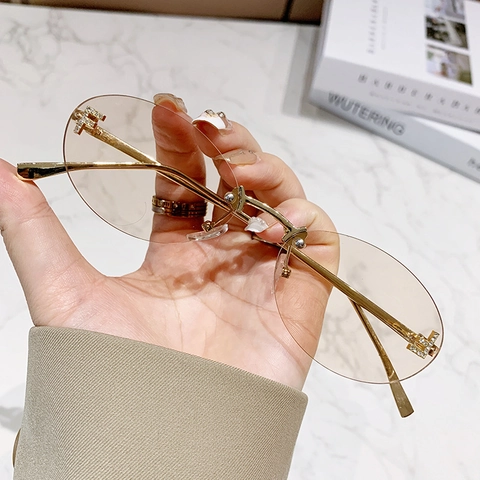 Rimless Oval Sunglasses For Women Gradient PC Lenses Metal Frame Fashion Eyewear With Sparkling Rhinestone Decoration