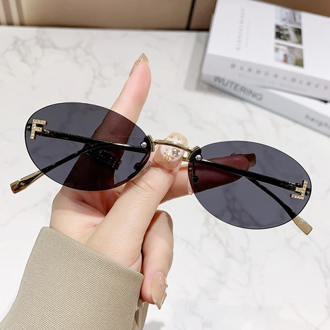 Occhiali Da Sole Ovali Senza Montura Montatura Metallo Lettera Strass Decorativi Vintage Occhiali Donna Accessorio Tendenza