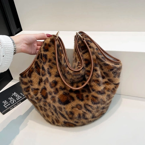 Faux Fur Tote Bag Large Capacity Plush Shoulder Handbag Leopard Print Solid Color Autumn Winter Fashion For Women