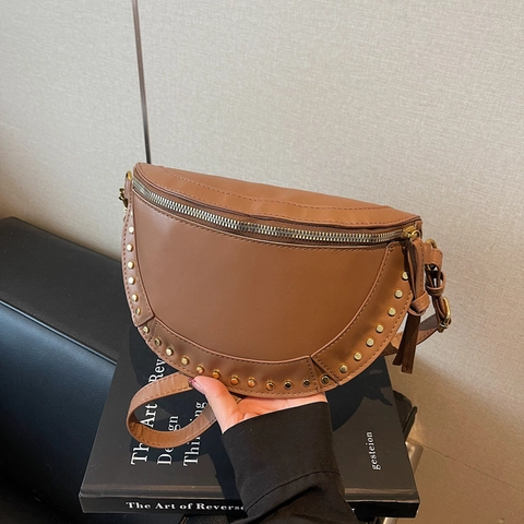 French Vintage Rivet Half Moon Crossbody Bag For Women PU Leather Adjustable Strap Solid Color Fashion Shoulder Bag Daily Casual Purse