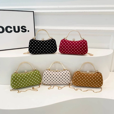 Polka Dot Samt Abendtasche Clutch Strass Metallgriff Abnehmbare Kette Umhängetasche Für Party Bankett Hochzeit
