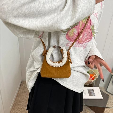 Borsa a Tracolla Mini da Donna Trendy in Finto Agnello Scamosciato Piccola Borsa a Mano con Cuciture Borsa a Tracolla alla Moda Tinta Unita
