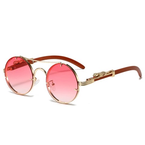 Occhiali Da Sole Rotondi Retro Doppio Ponte In Metallo Decorazione Testa Di Leopardo Pantera Aste Venature Del Legno Unisex