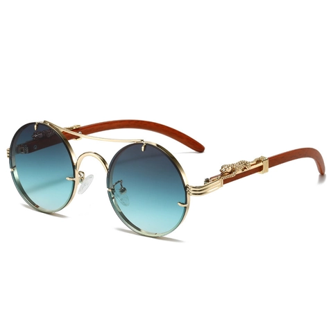Occhiali Da Sole Rotondi Retro Doppio Ponte In Metallo Decorazione Testa Di Leopardo Pantera Aste Venature Del Legno Unisex