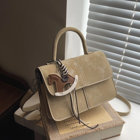 Vintage Matte PU Leather Crossbody Bag For Women Small Square Handbag With Contrast Stitching And Rocking Horse Pendant