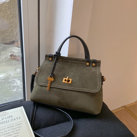 Vintage Matte Suede Handbag Women Large Capacity Shoulder Crossbody Bag PU Leather Retro Contrast Stitching Square Tote Bag