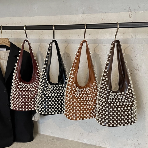 Women Vintage Faux Artificial Pearl Hobo Bag PU Leather Underarm Bag Elegant Rivet Decoration Handbag Solid Color Shoulder Bag