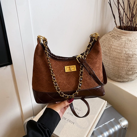 Bolso de Hombro Vintage Acolchado de Diamantes Color de Contraste Con Cadena de Metal para Mujer Bolso de Axila de Cuero PU y Gamuza Retro para Viaje