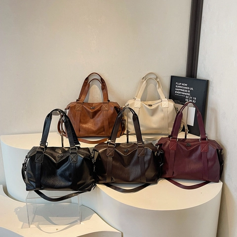 Women Vintage Large Capacity PU Leather Shoulder Bag Fashion Minimalist Travel Handbag With Adjustable Strap