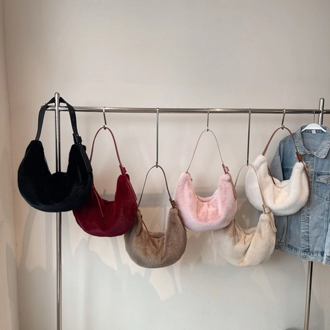 Borsa Hobo A Mezzaluna In Pelliccia Sintetica Peluche Con Tracolla In Pelle Regolabile Moda Invernale Borsa A Spalla Donna