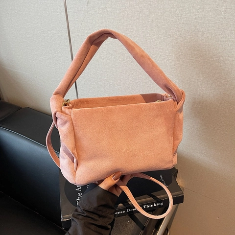 Bolso de Hombro Casual de Ante para Mujer Estilo Japonés Minimalista Color Sólido Bolso de Axila Plisado Bolso Hobo Literario