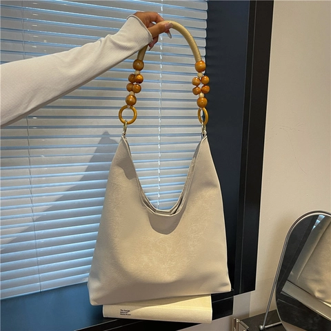 Women's Vintage Velvet Hobo Bag With Wood Bead Handle Large Capacity Shoulder Bag Solid Color Casual Underarm Tote Bag