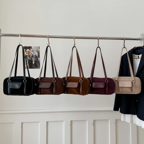 Women Retro Faux Suede Baguette Bag Minimalist Underarm Shoulder Handbag With Front Flap Pocket For Casual Commute