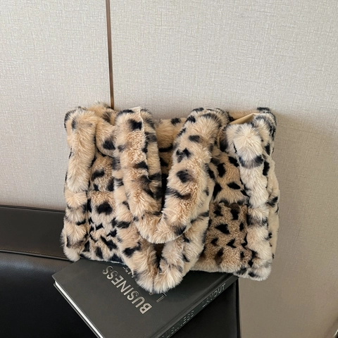 Borsa Tote Leopardata In Pelliccia Sintetica Da Donna Grande Capacità Borsa A Spalla In Peluche Inverno
