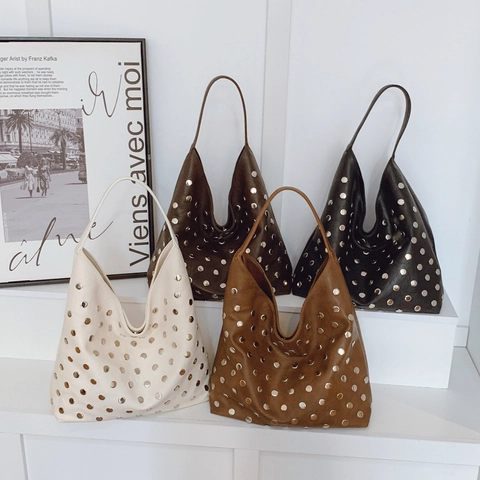 Vintage Nieten Hobo Tasche PU Leder Große Kapazität Schulter Tote Handtasche Punk Stil Damen