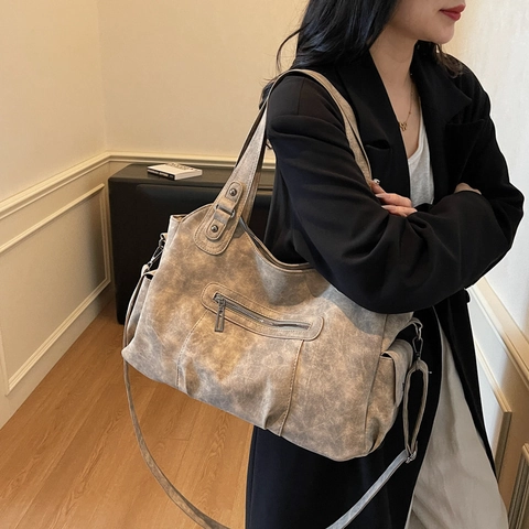 Bolso Tote Vintage de Cuero PU Mate para Mujer Gran Capacidad Bolso de Bandoulière Con Múltiples Bolsillos Retro Viaje Diario Bolso de Hombro