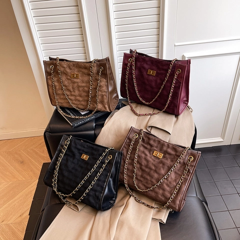 Damen Gesteppte Tragetasche Wildlederimitat PU Leder Schulter Umhängetasche Mit Kettengurt Drehverschluss Vintage Pendeln