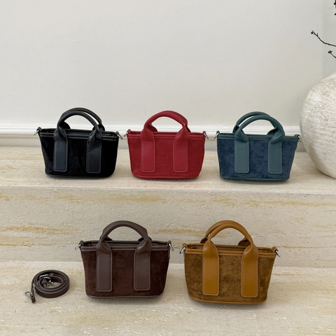 Mini Tote Handbag Suede Like PU Leather Patchwork Square Crossbody Bag Retro Simple Small Shoulder Bag For Women