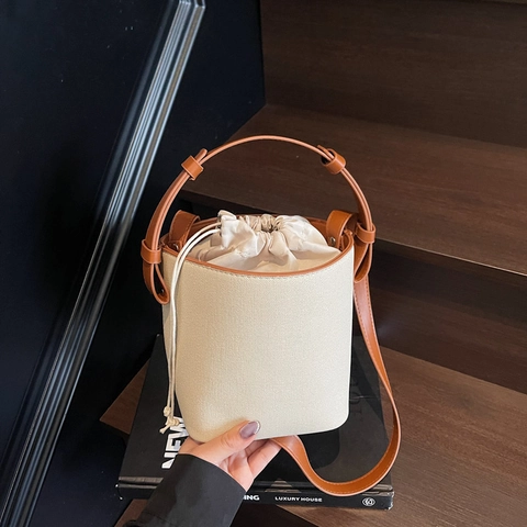 Bolso Bombonera de Lona y Cuero PU Retro para Mujer Color de Contraste Cordón Hombro Bolso de Bandolera para el Uso Diario
