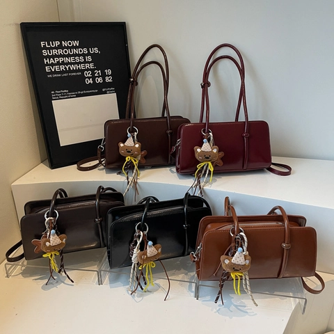 Sac sous le Bras Vintage en Cuir PU Ciré pour Femmes Sac à Épaule Minimaliste Grande Capacité Couleur Unie Sac à Main
