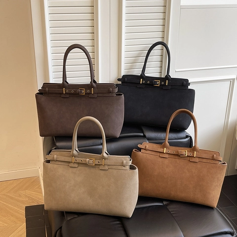 Large Capacity Women Shoulder Tote Bag Vintage Minimalist PU Leather Suede Frosted Texture Decorative Belt Gold Buckle Retro
