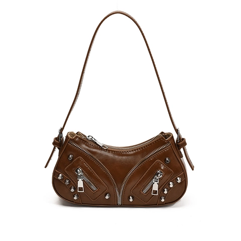 Damen PU Leder Achseltasche Nieten Reißverschluss Dekor Punk Motorrad Vintage Stil Schulter Baguette Tasche