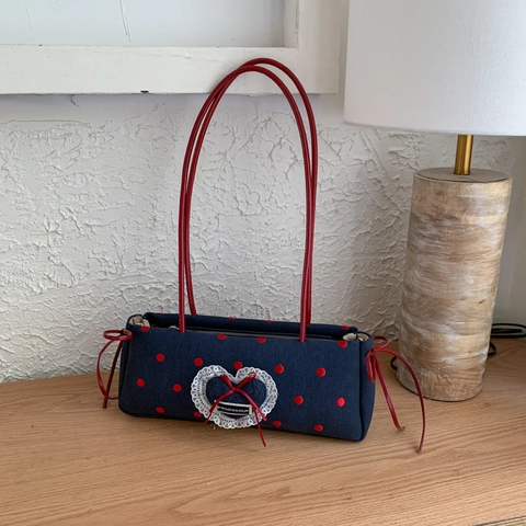 Borsa da Ascella Dolce con Fiocco da Donna Pois Pelle PU Tela Borsa a Spalla Decorazione Cuore Pizzo Borsa Retro Moda Quotidiana